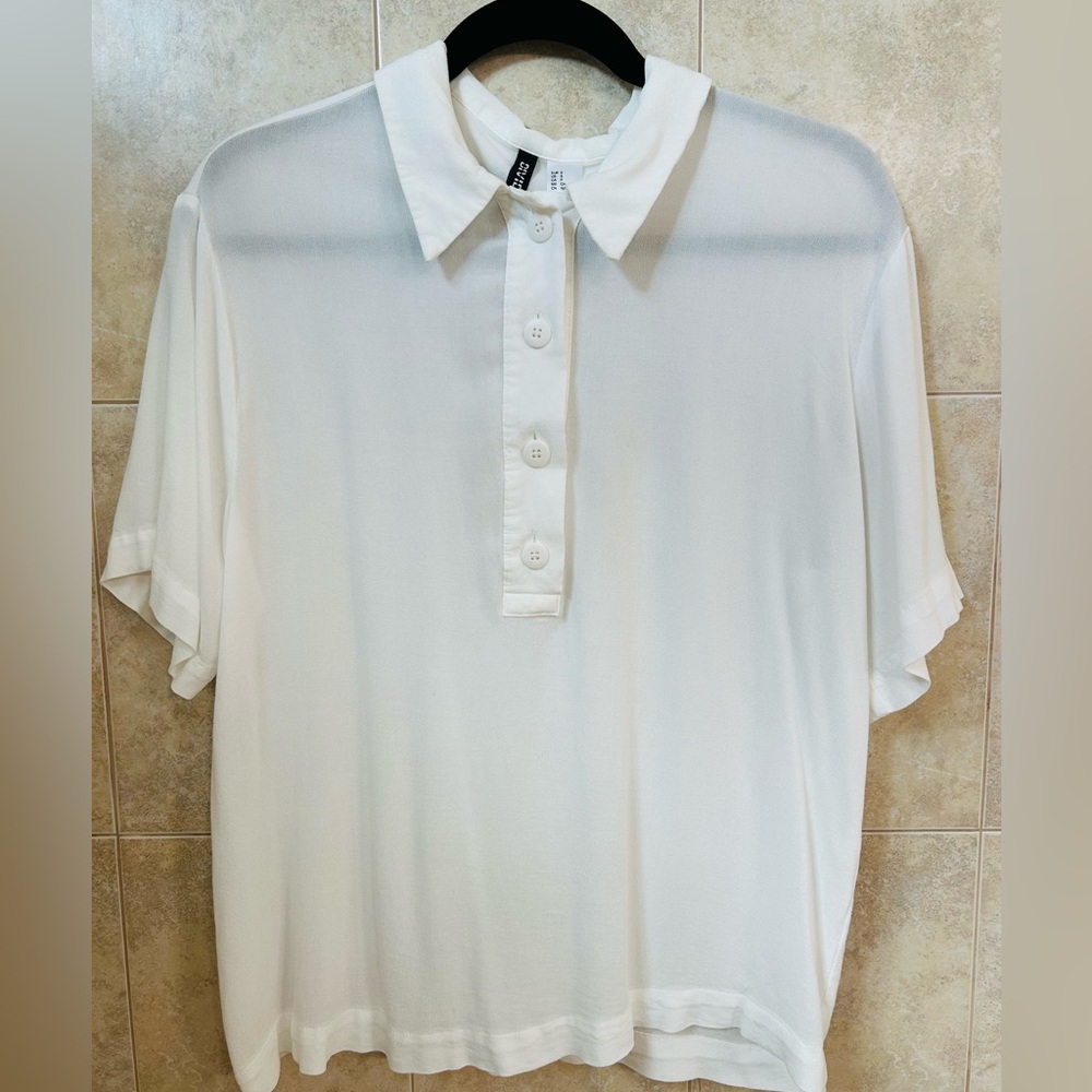 H&M Women's Sheer Crepe Oversized Polo Shirt Cream Preppy Size Small